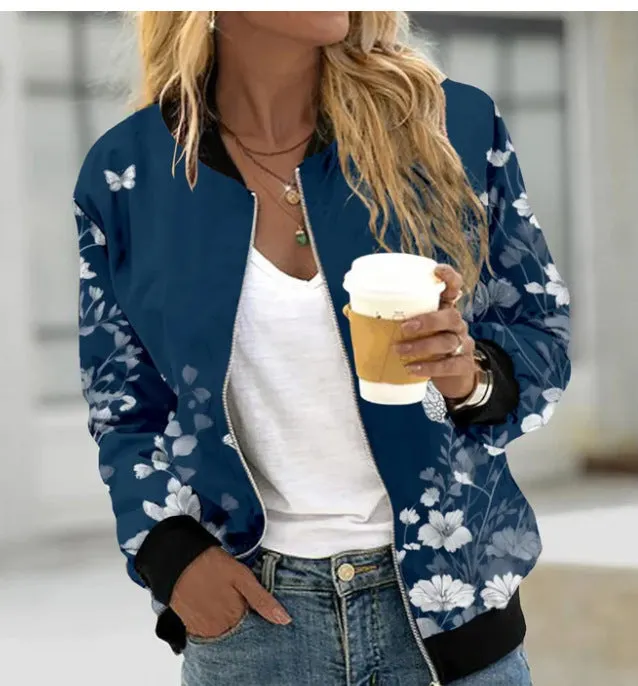 Autumn And Winter New Women's Long Sleeve Zipper Printed Jacket Coat