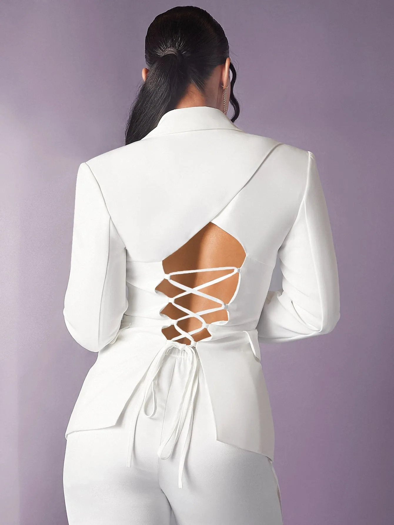 BAE Solid Lace Up Backless Single Button Blazer