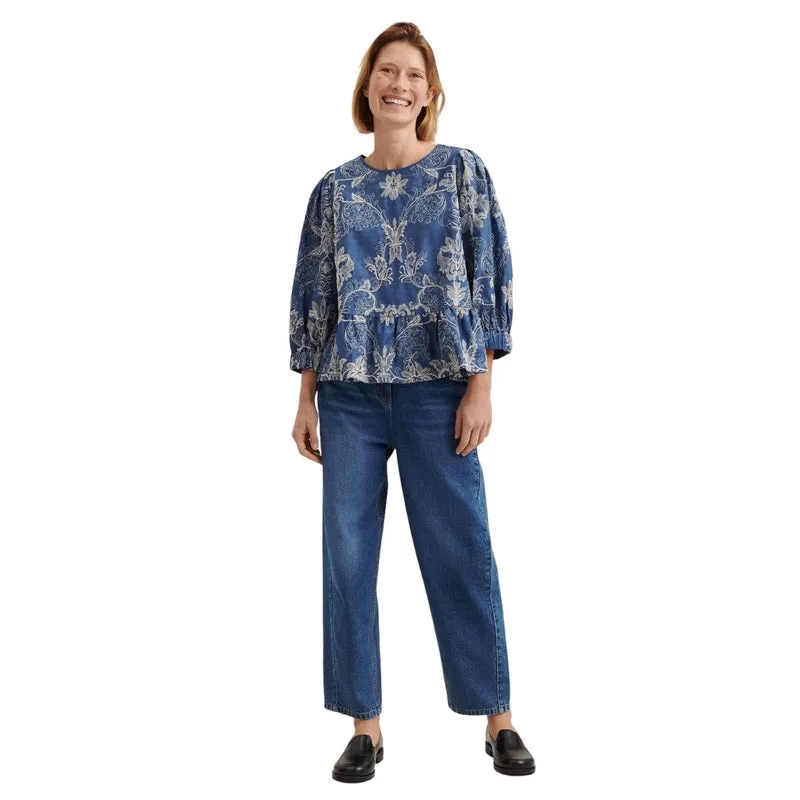 Basilia Blouse in Embroidered Blue Denim