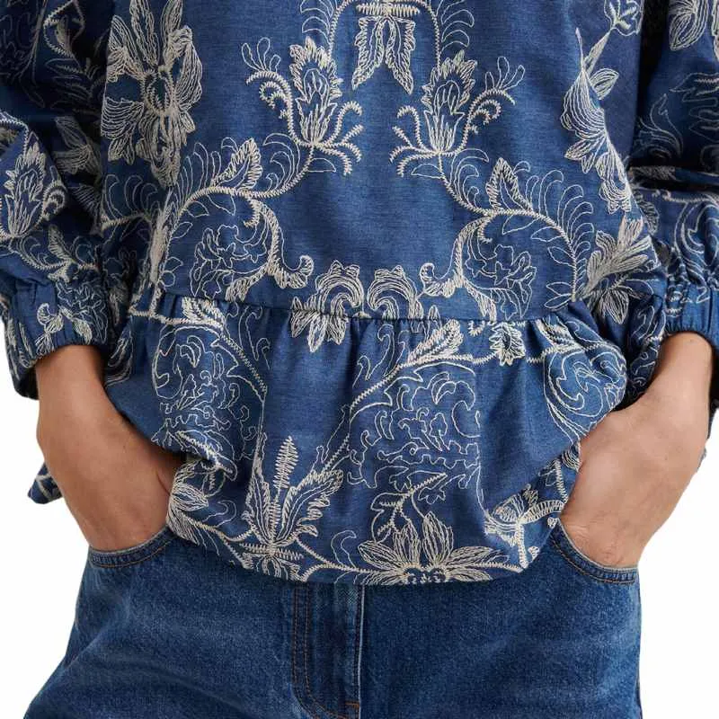 Basilia Blouse in Embroidered Blue Denim