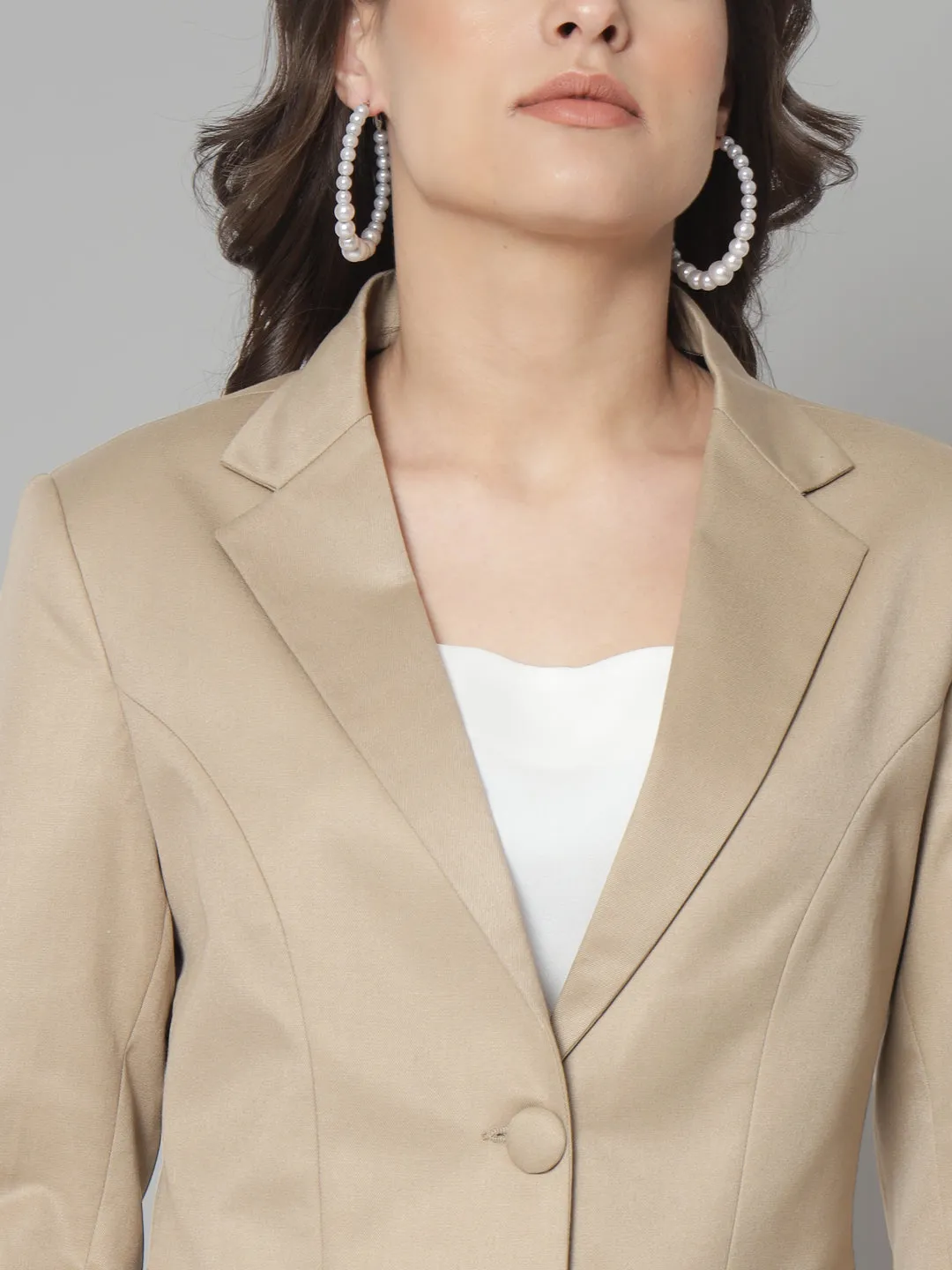 Beige Polyester Notch Collar Polly Cotton Blazer