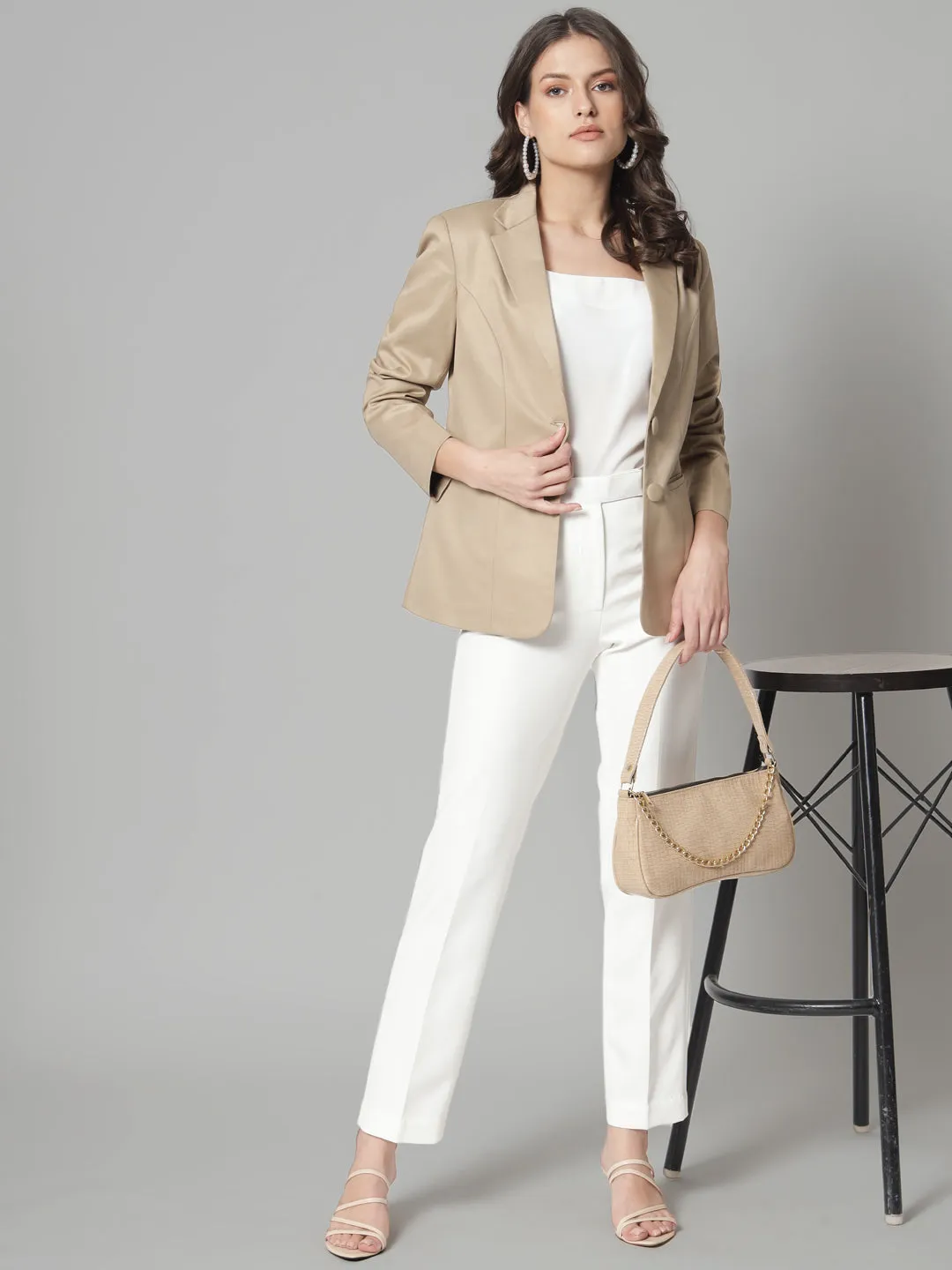 Beige Polyester Notch Collar Polly Cotton Blazer