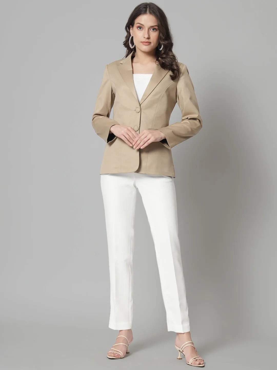 Beige Polyester Notch Collar Polly Cotton Blazer