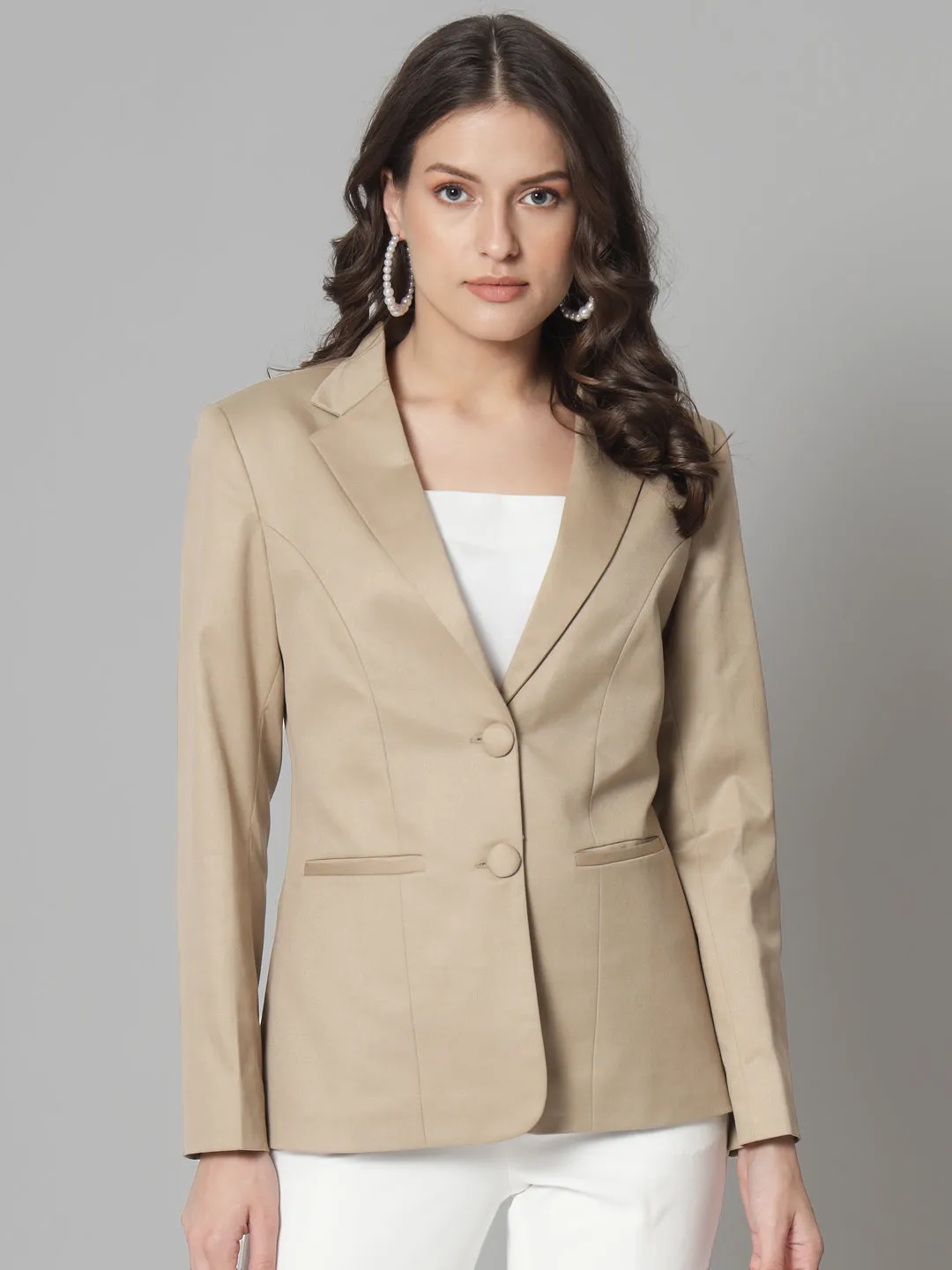 Beige Polyester Notch Collar Polly Cotton Blazer