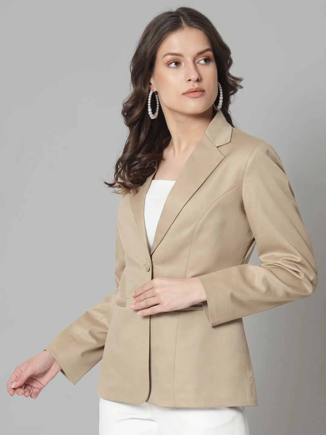 Beige Polyester Notch Collar Polly Cotton Blazer