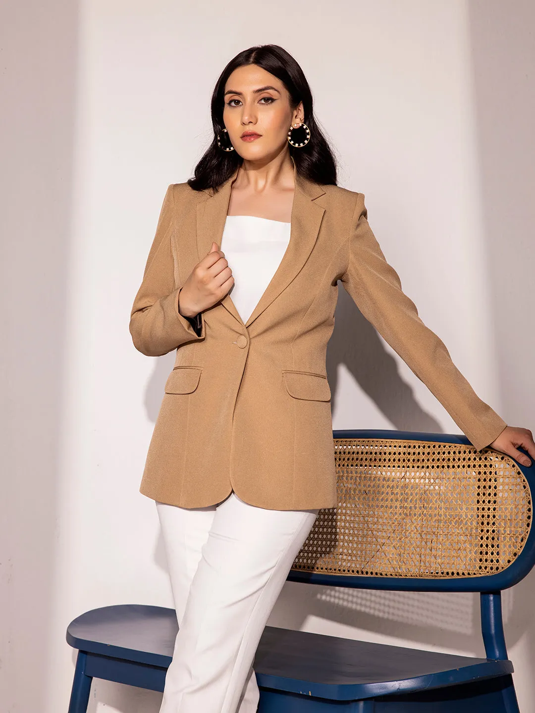 Beige Polyester Single Button Notch Collar Blazer