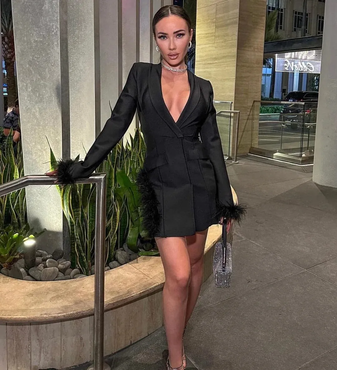 Black Blazer Dress with Feathers