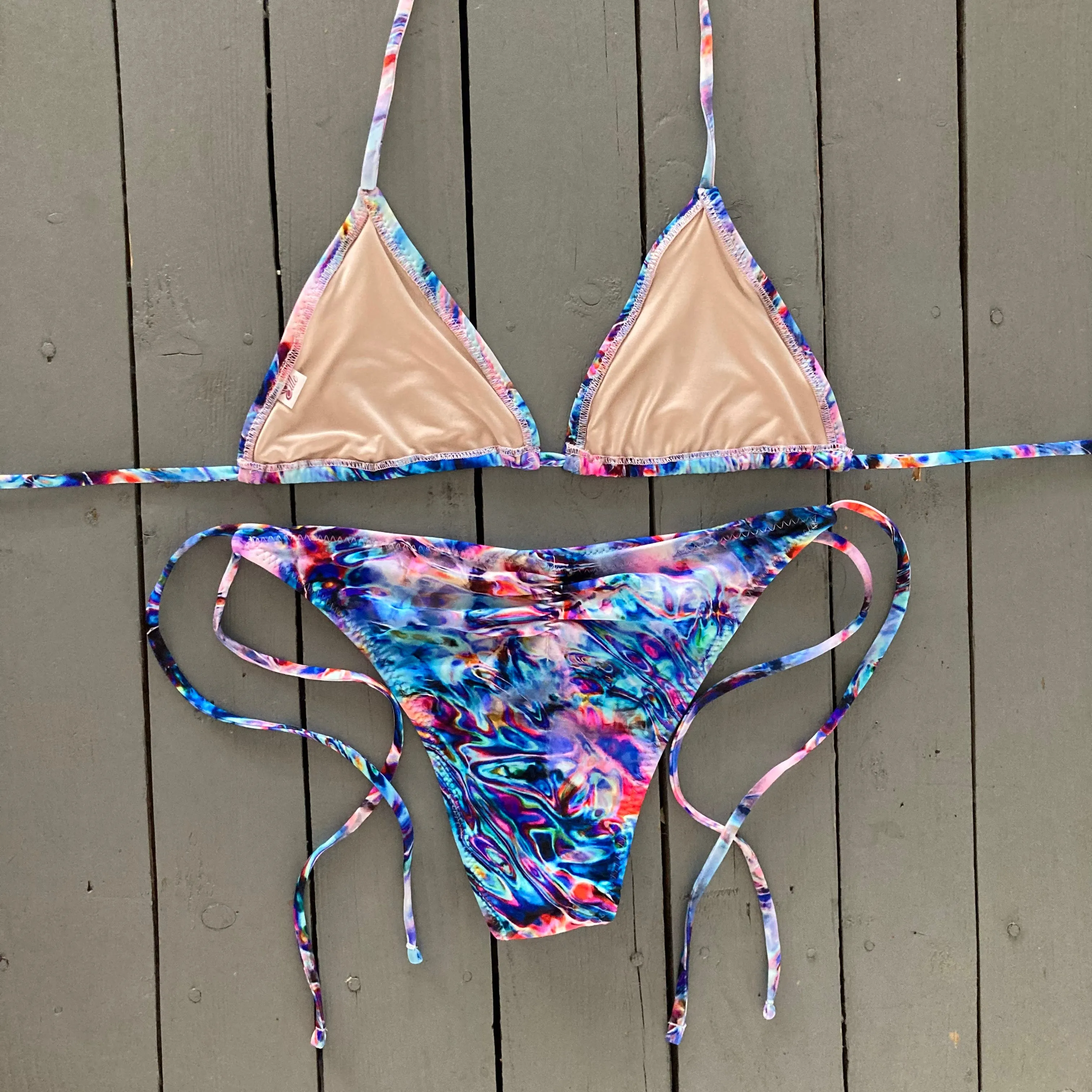 Blue and Pink Water Print Spaghetti Ties Bikini Bottom