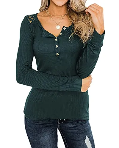 BTFBM Women Long Sleeve V Neck Button Up Solid Tops Blouses Trendy Slim Fit Lace Sleeves Ribbed Knit Casual Shirts Tunic (Hollow Out Dark Green, Small)