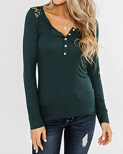 BTFBM Women Long Sleeve V Neck Button Up Solid Tops Blouses Trendy Slim Fit Lace Sleeves Ribbed Knit Casual Shirts Tunic (Hollow Out Dark Green, Small)