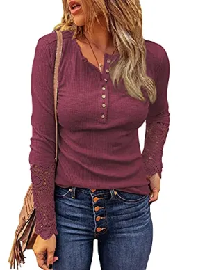 BTFBM Women Long Sleeve V Neck Button Up Solid Tops Blouses Trendy Slim Fit Lace Sleeves Ribbed Knit Casual Shirts Tunic (Lace Wine Red, Medium)