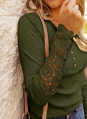 BTFBM Women Long Sleeve V Neck Button Up Solid Tops Blouses Trendy Slim Fit Lace Sleeves Ribbed Knit Casual Shirts Tunic(Lace Amry Green, Medium)