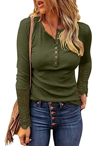 BTFBM Women Long Sleeve V Neck Button Up Solid Tops Blouses Trendy Slim Fit Lace Sleeves Ribbed Knit Casual Shirts Tunic(Lace Amry Green, Medium)