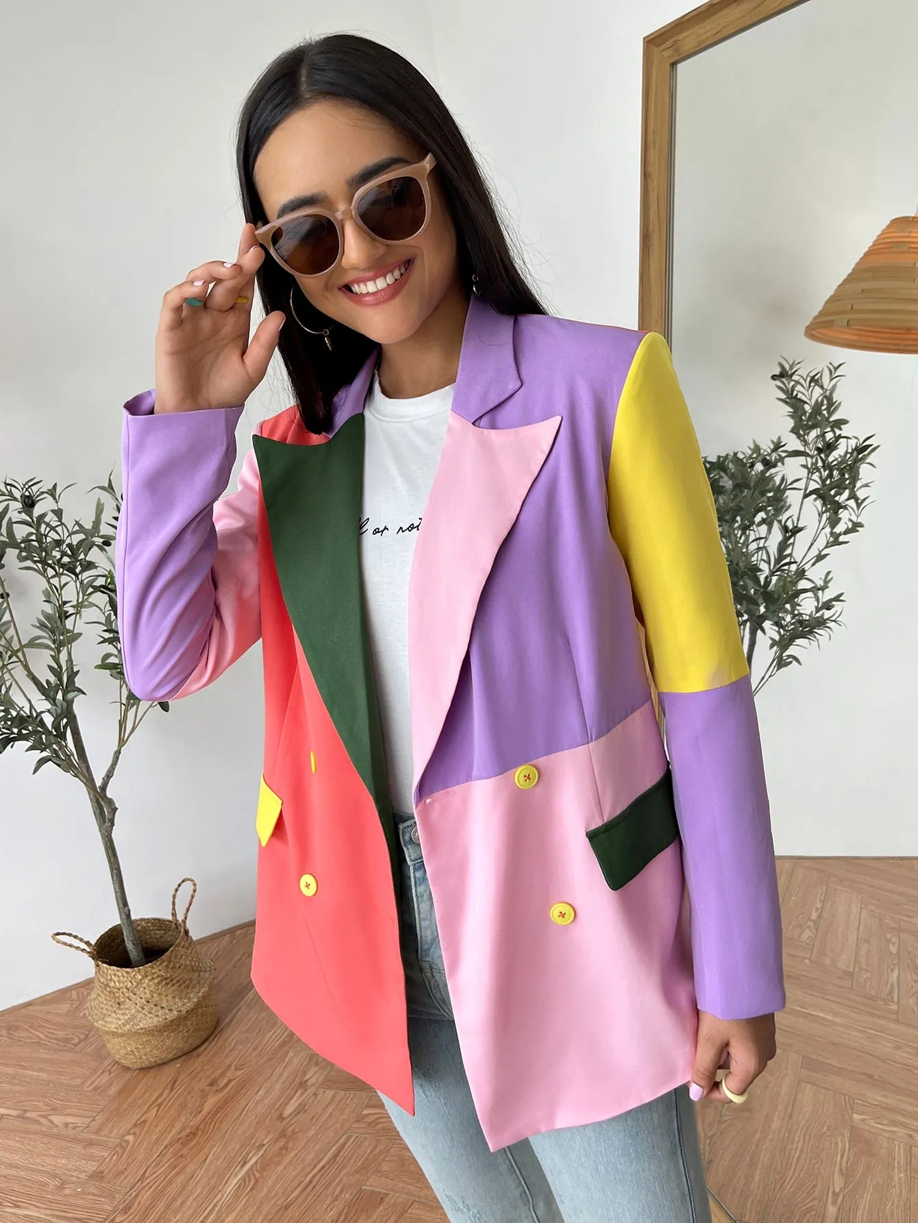 Casual Colorblock Double Button Long Sleeve Lapel Long Women Blazer