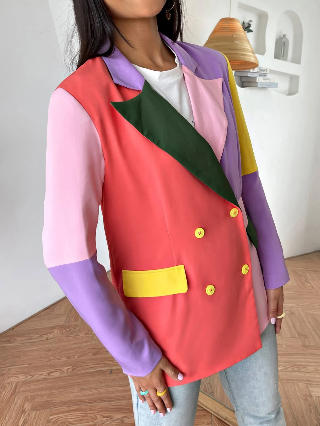 Casual Colorblock Double Button Long Sleeve Lapel Long Women Blazer