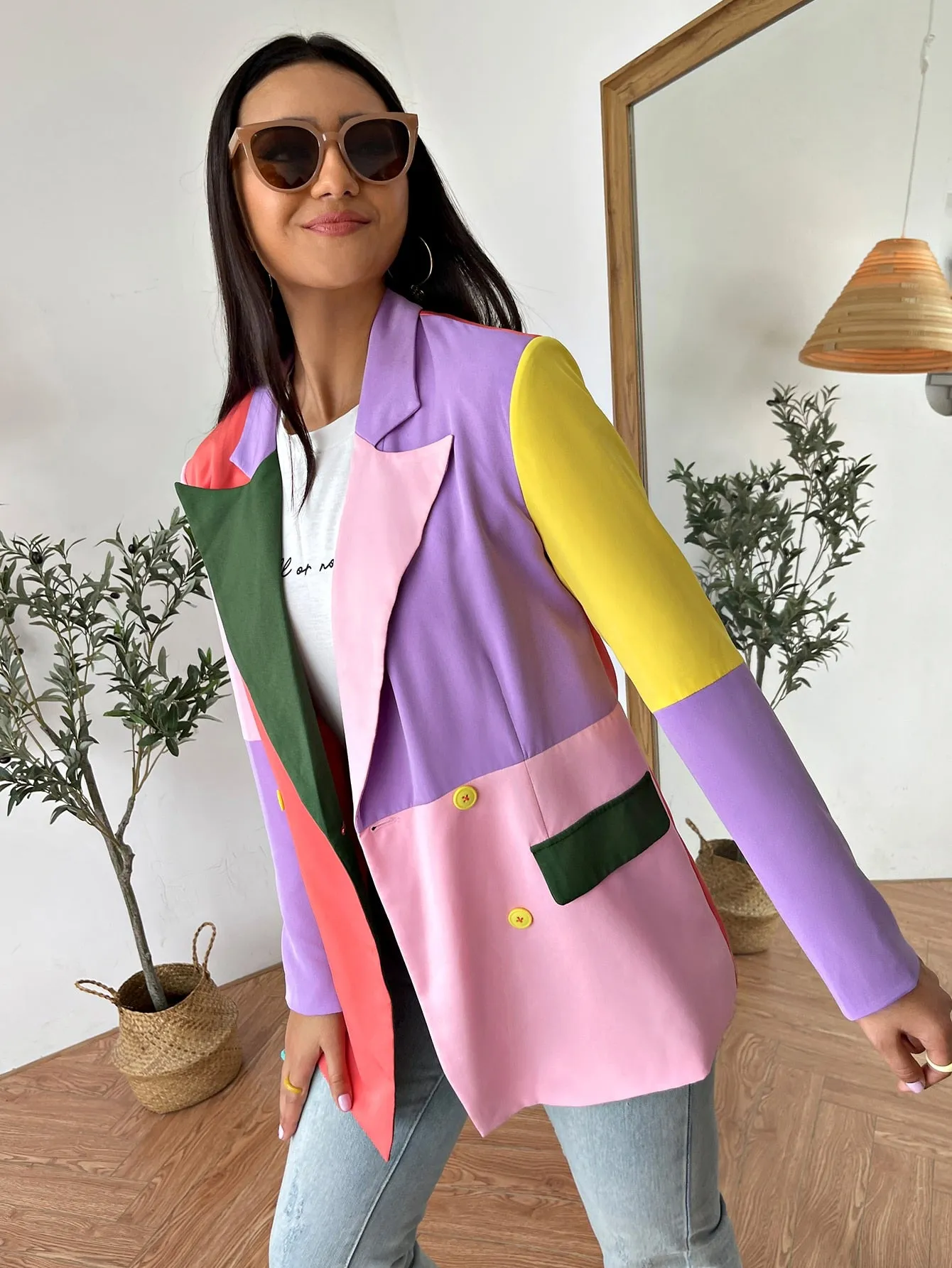 Casual Colorblock Double Button Long Sleeve Lapel Long Women Blazer