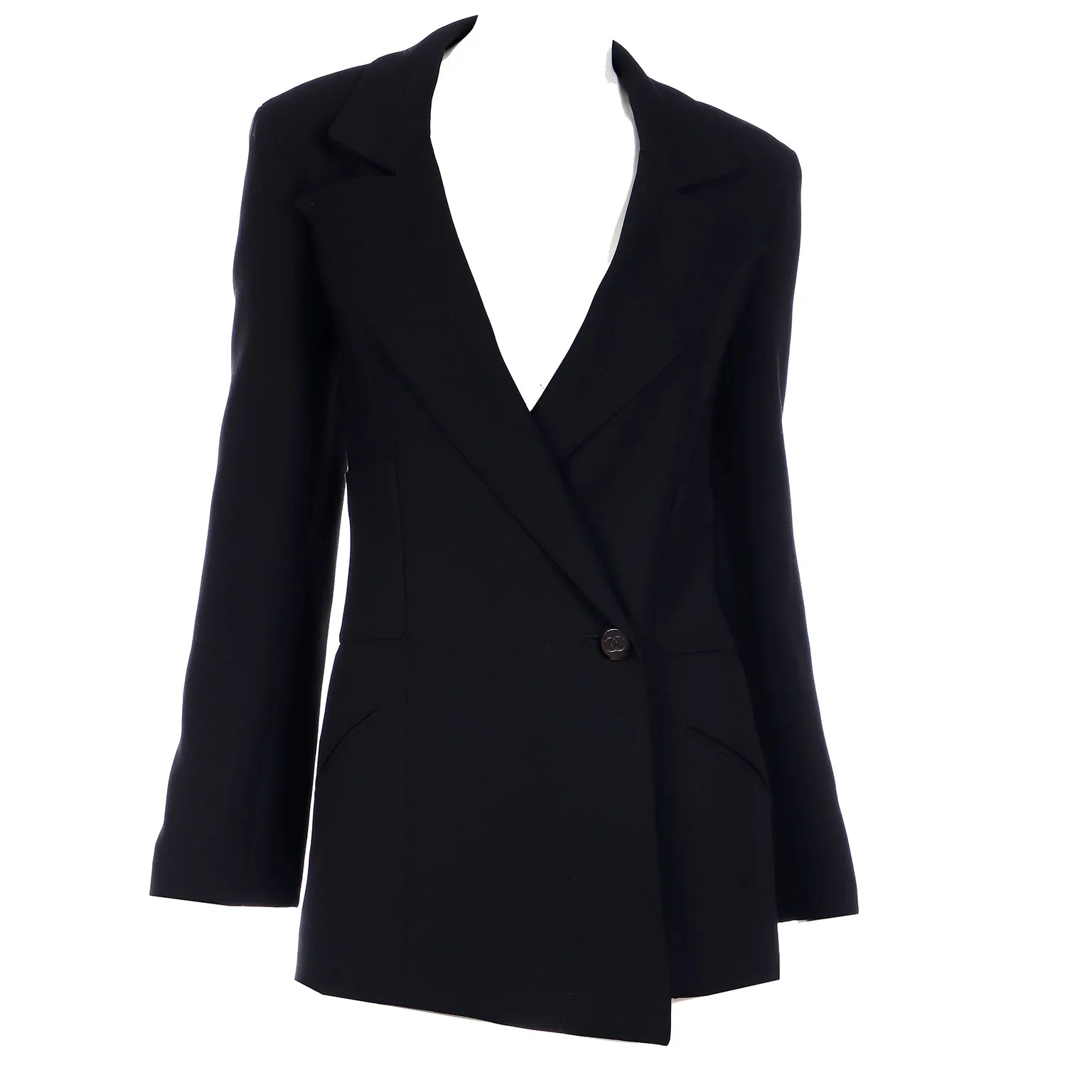 Chanel 1998 Fall Winter Vintage Black Wool Blazer CC Button Jacket