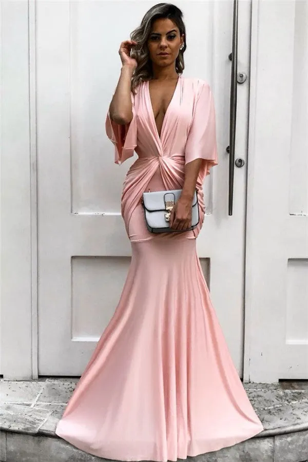 Chic Half Sleeves Deep V-neck Pink Evening Dresses Chic Mermaid Formal Dresses with Pleats