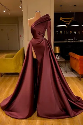 Chic Long Mermaid One Shoulder Satin Front Slit Prom Dresses with Sleeves