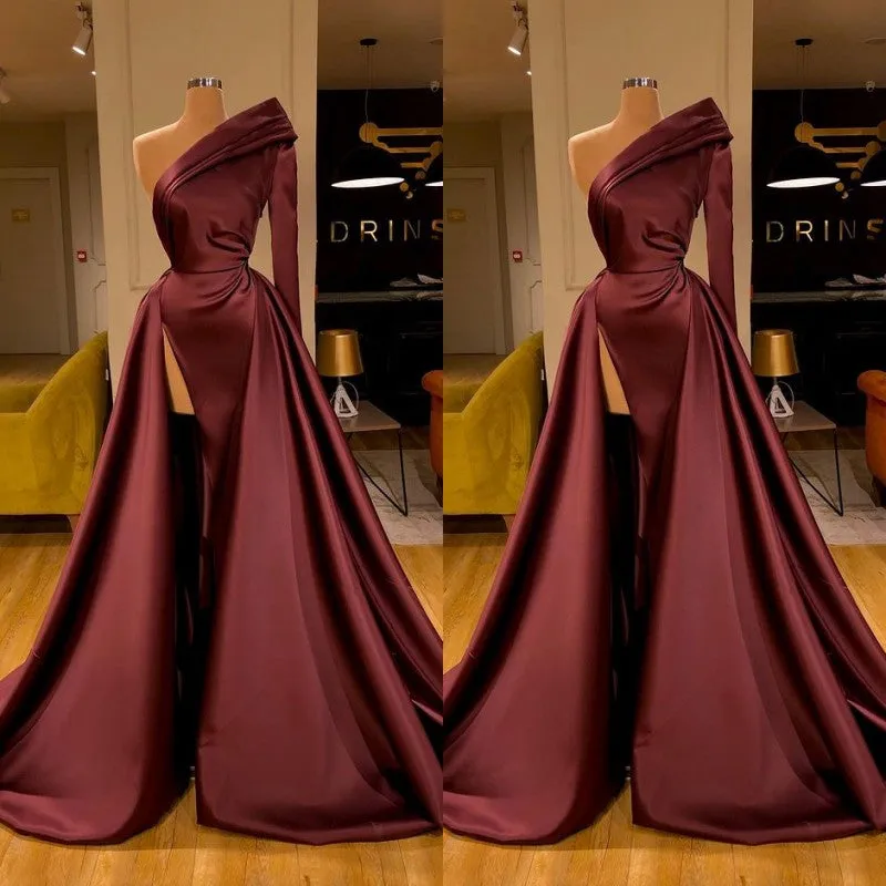 Chic Long Mermaid One Shoulder Satin Front Slit Prom Dresses with Sleeves