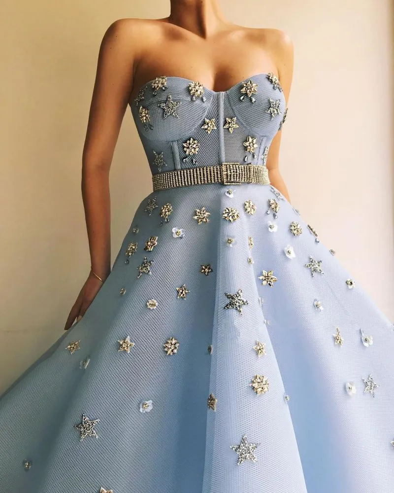 Chic Strapless Sweetheart Beading Flowers Prom Party Gowns| Chic Blue Tulle Long Prom Party Gowns with Beadning Sash