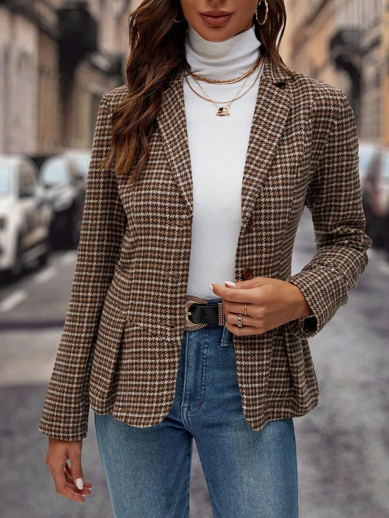 Clasi Plaid Print Lapel Neck Fold Pleated Detail Blazer