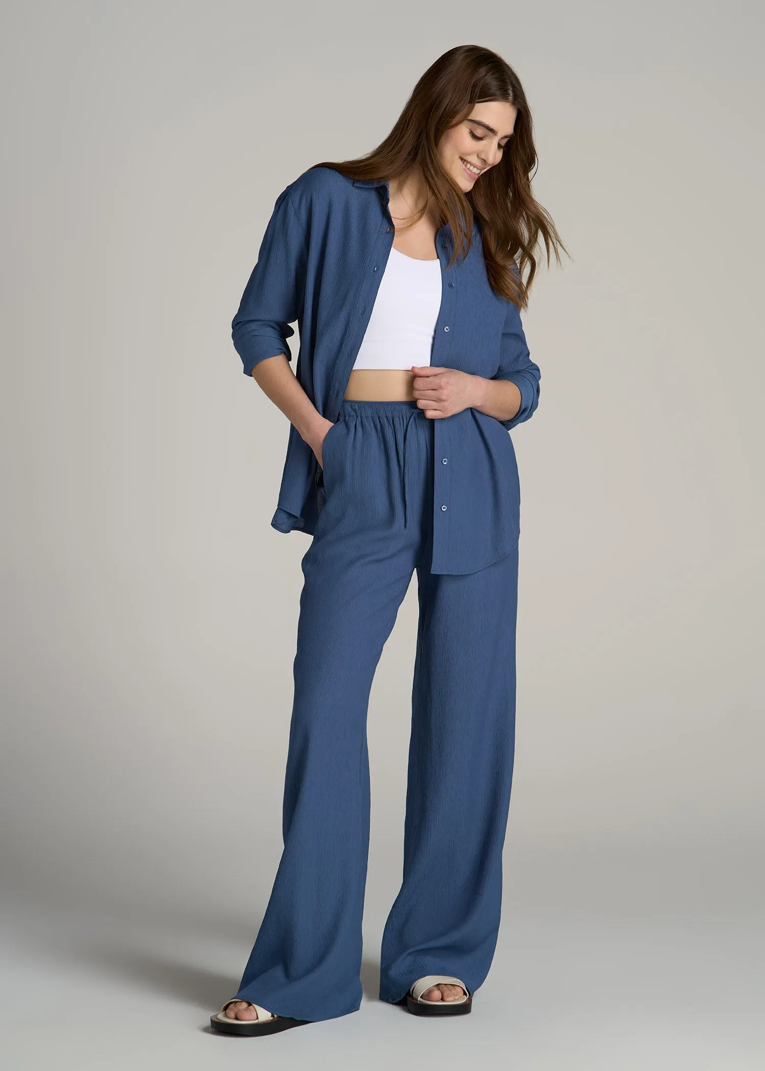 Crinkle Pull-on Wide-leg Pants for Tall Women in Steel Blue