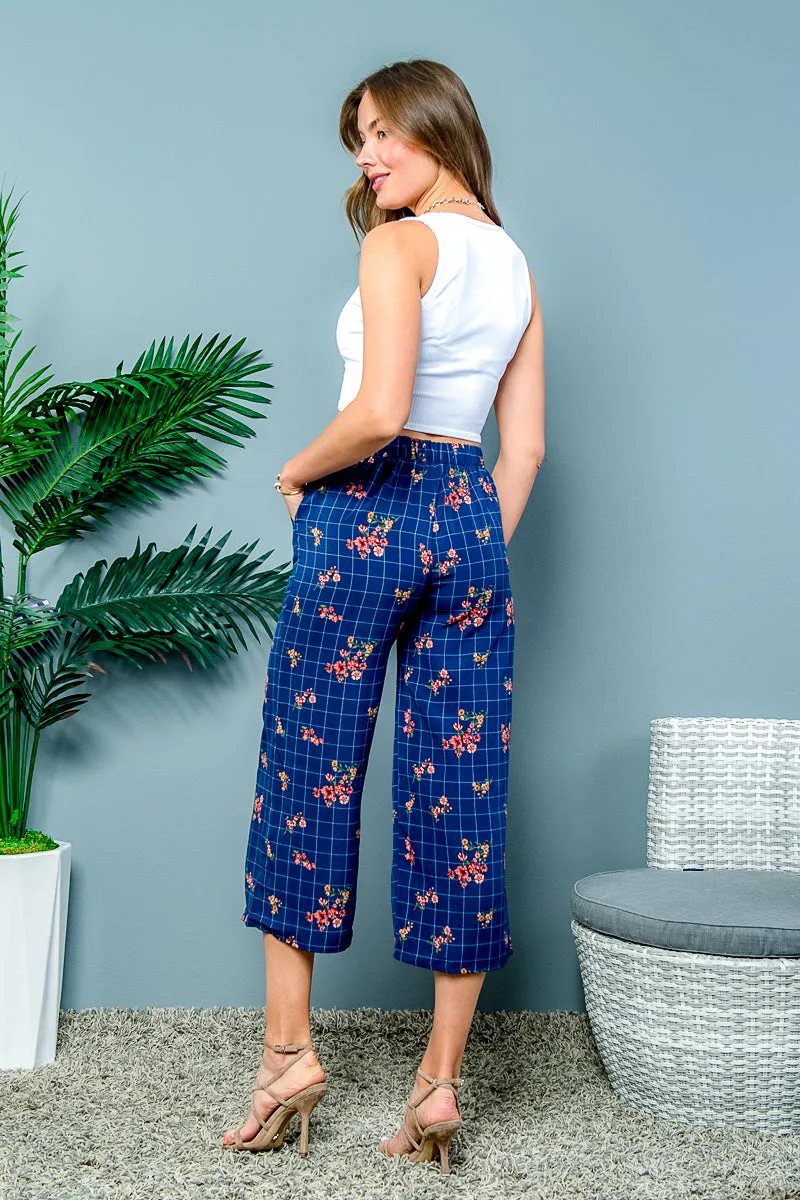 ‘Effortless Style’ Floral Print Plaid Pants with Cropped Flare Leg (EM4743B)