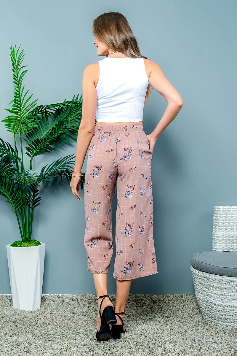 ‘Effortless Style’ Floral Print Plaid Pants with Cropped Flare Leg (EM4743B)