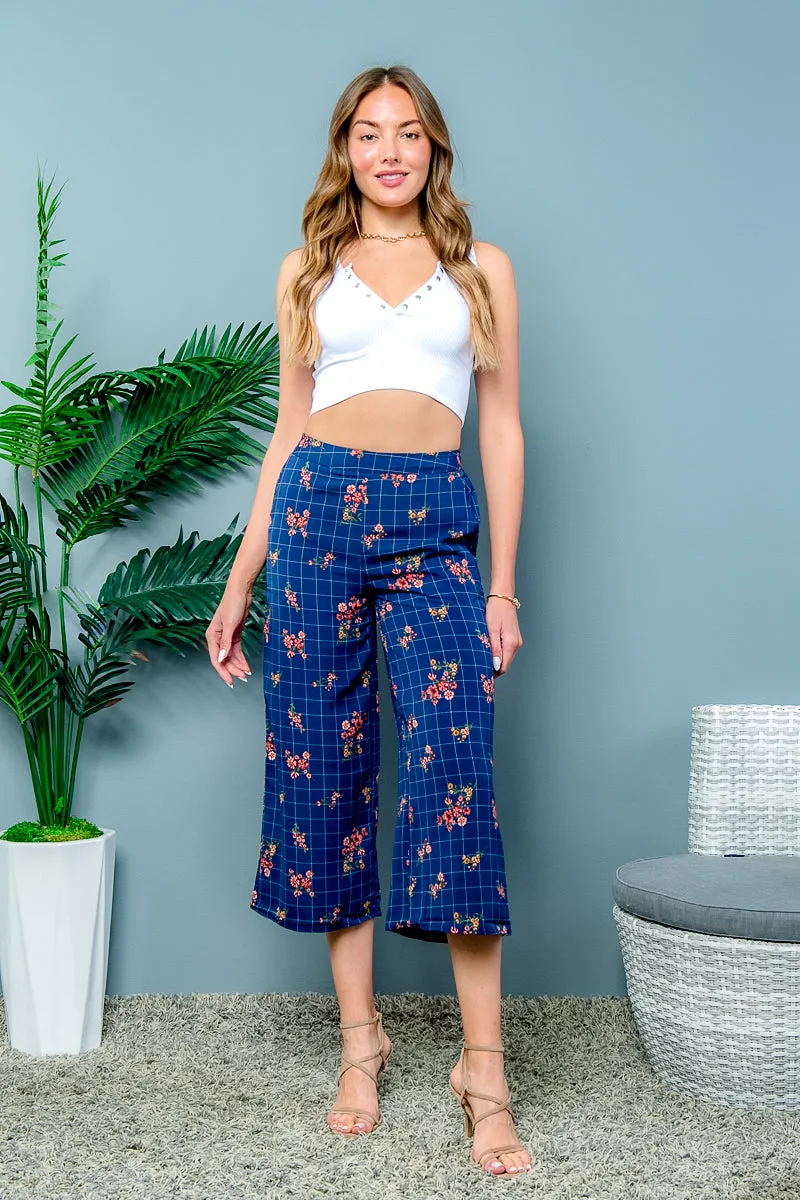 ‘Effortless Style’ Floral Print Plaid Pants with Cropped Flare Leg (EM4743B)