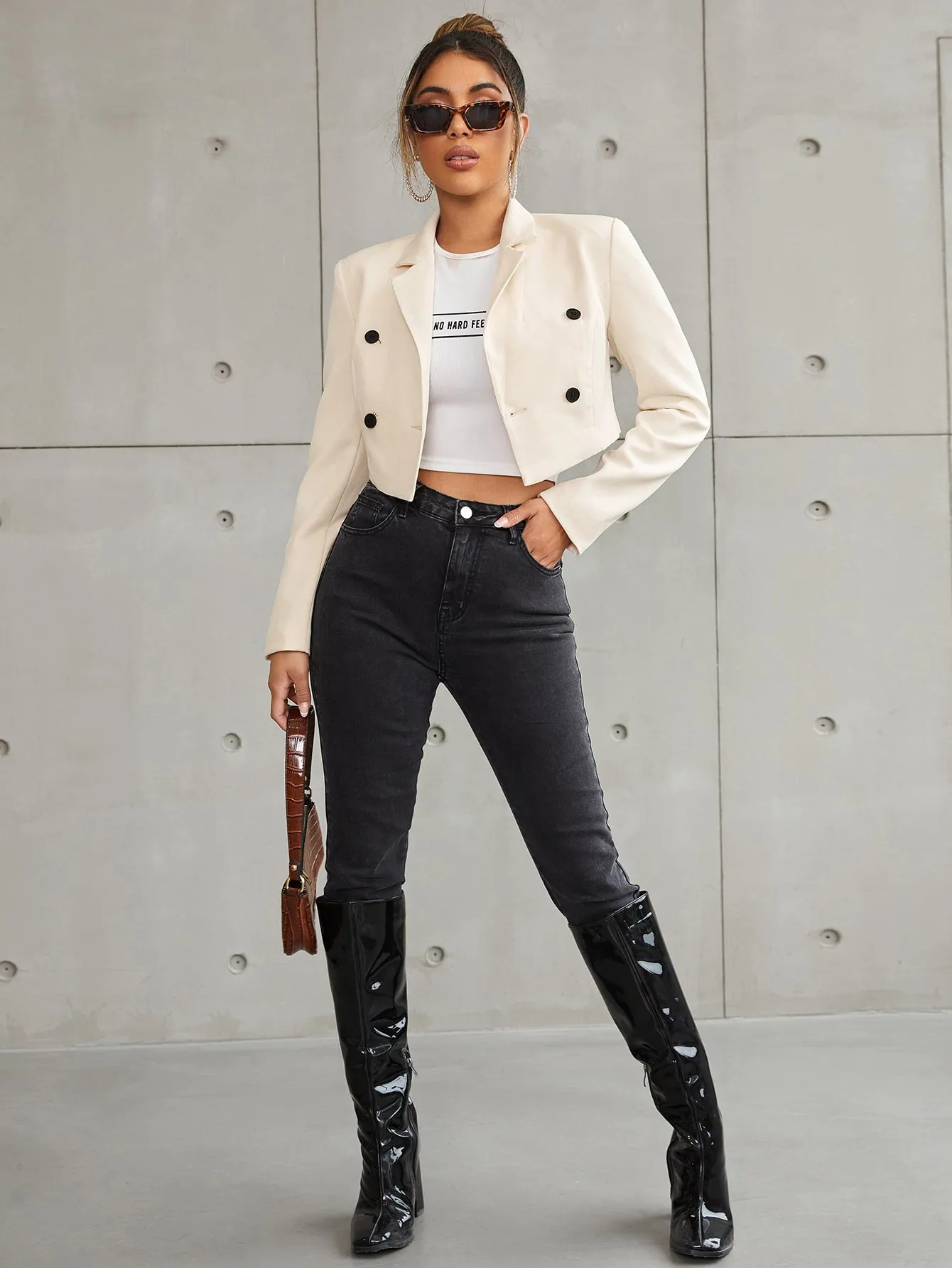 Elegant Plain Button Front Long Sleeve Lapel Crop Women Blazer