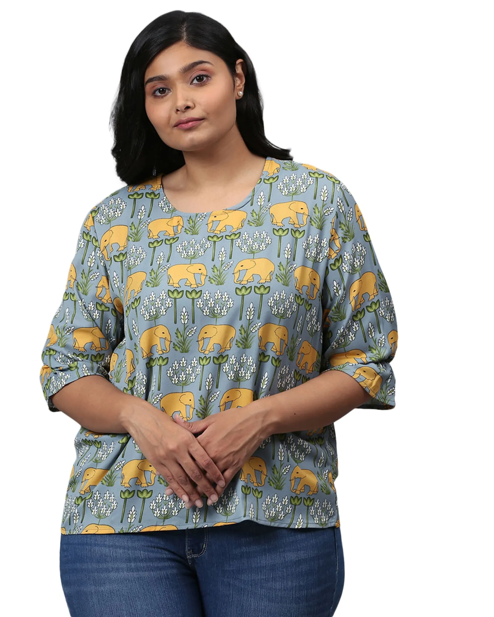 Elephant Motif Top | Dusty Blue