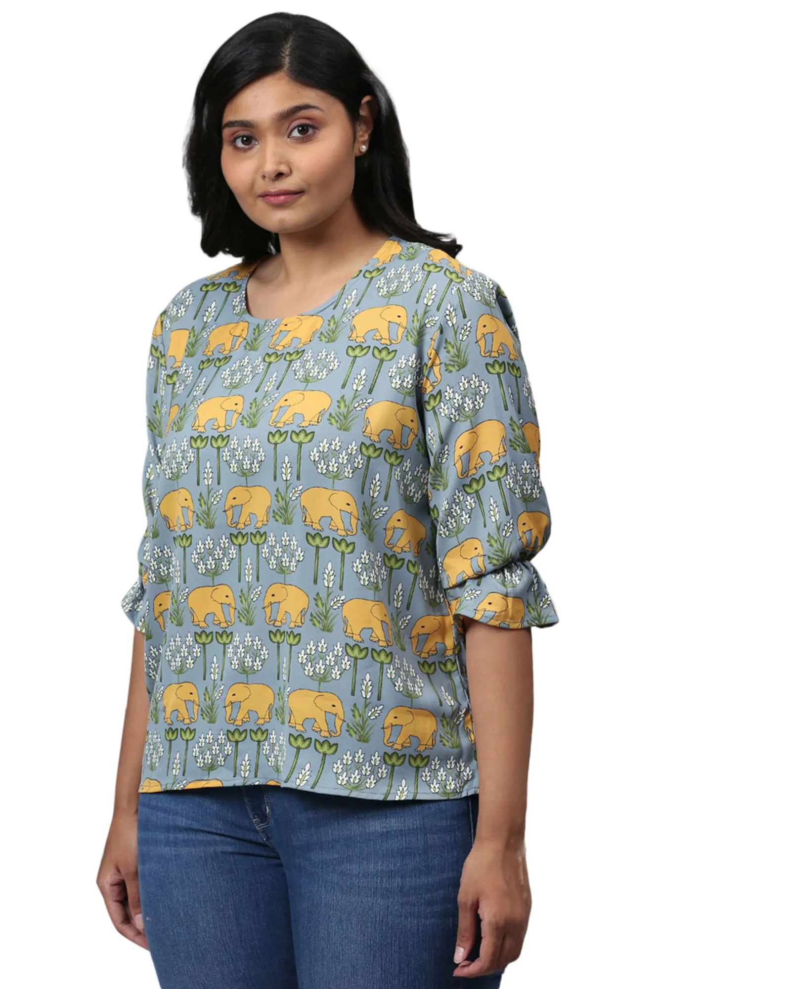 Elephant Motif Top | Dusty Blue