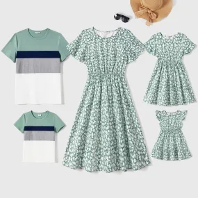 Family Matching Allover Floral Print Short-sleeve Dresses and Color Block Tops Sets