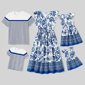 Family Matching Allover Floral Print V Neck Flutter-sleeve Dresses and Short-sleeve Striped T-shirts Sets