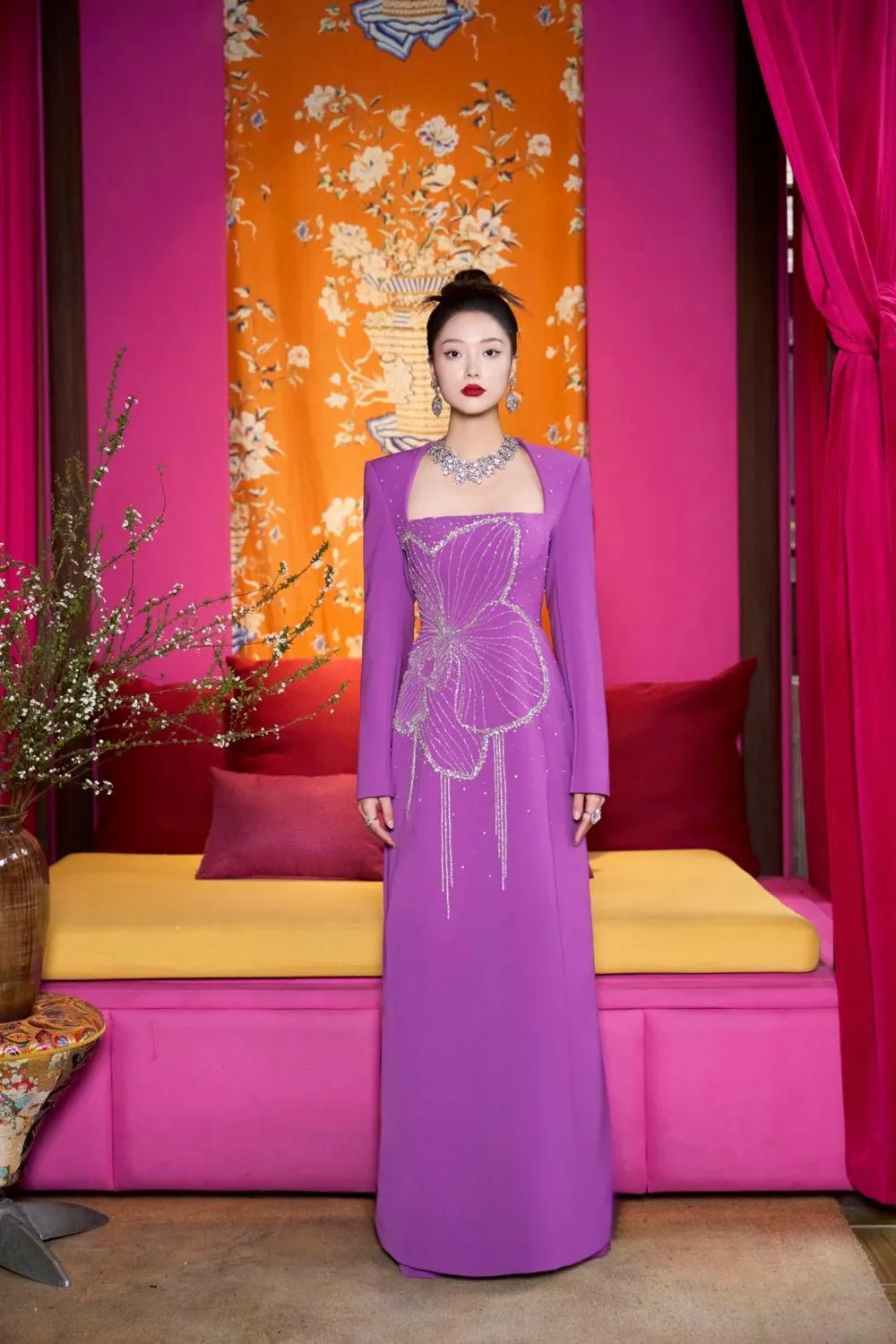 Gleams A-line Long Sleeved Velvet Satin Floor Length Ao Dai