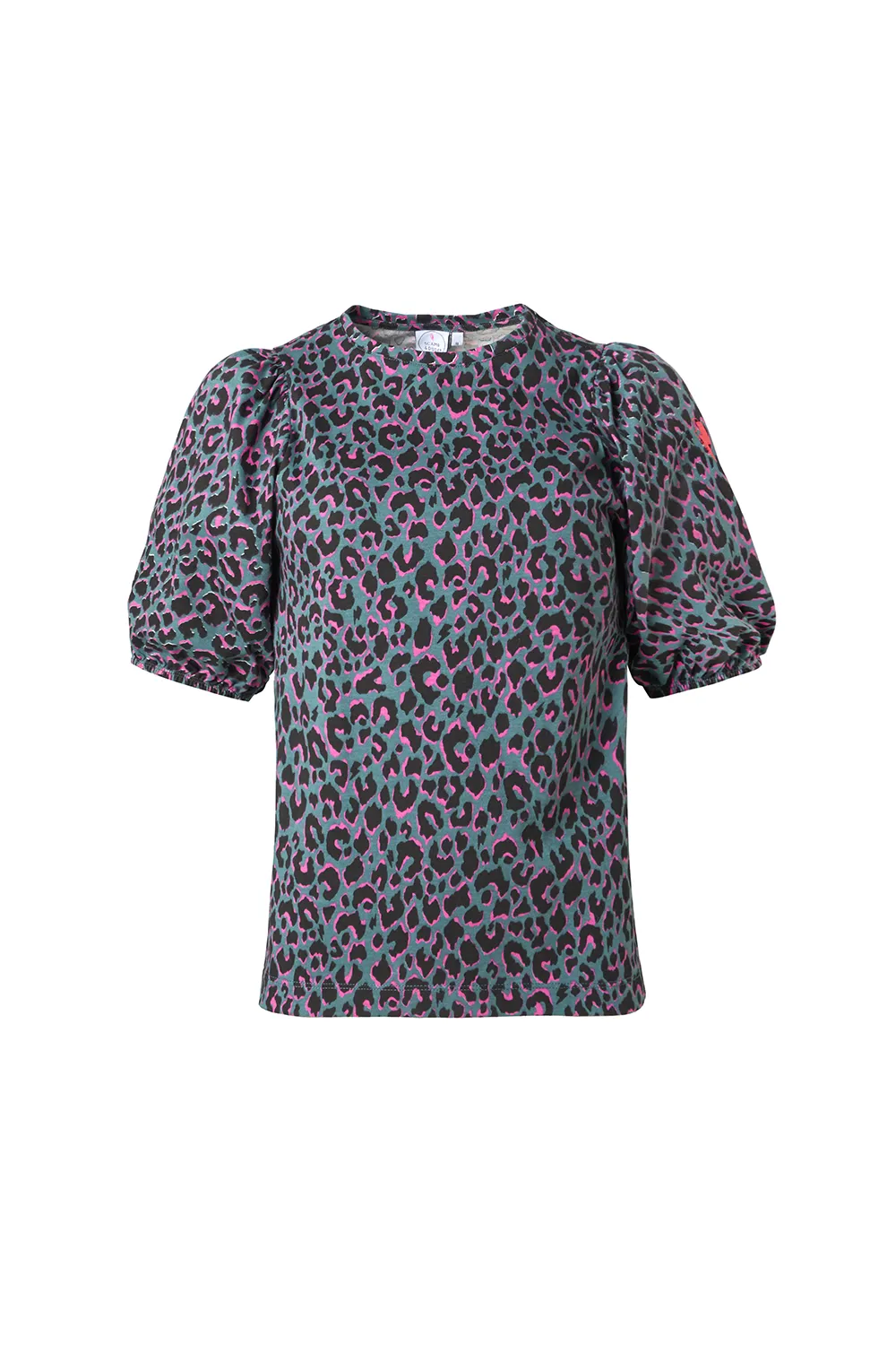 Green with Pink and Black Shadow Leopard Puff Sleeve T-Shirt