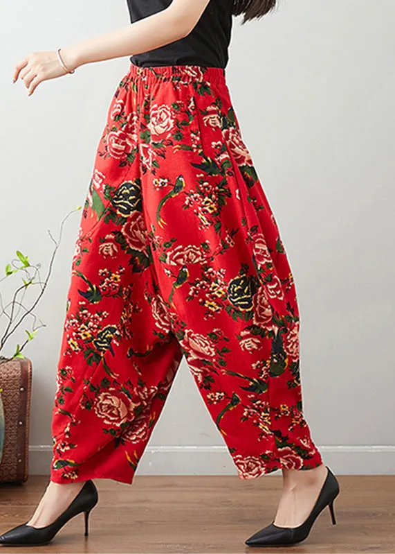 Handmade Red Print Cozy Waist Wide Pants LY7546