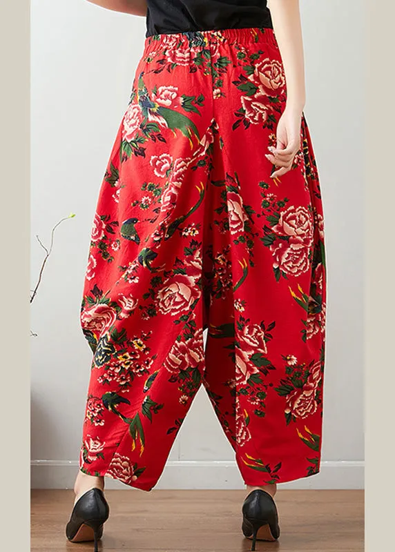 Handmade Red Print Cozy Waist Wide Pants LY7546