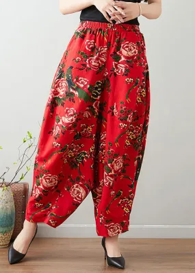 Handmade Red Print Cozy Waist Wide Pants LY7546