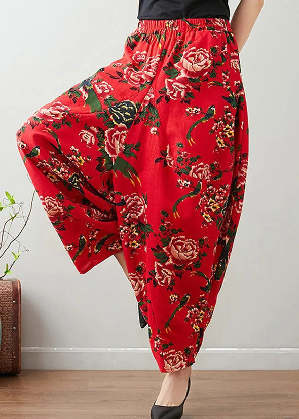 Handmade Red Print Cozy Waist Wide Pants LY7546