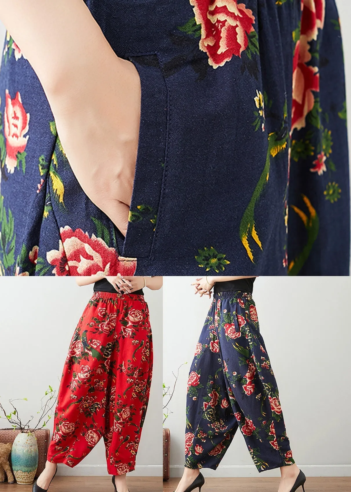 Handmade Red Print Cozy Waist Wide Pants LY7546