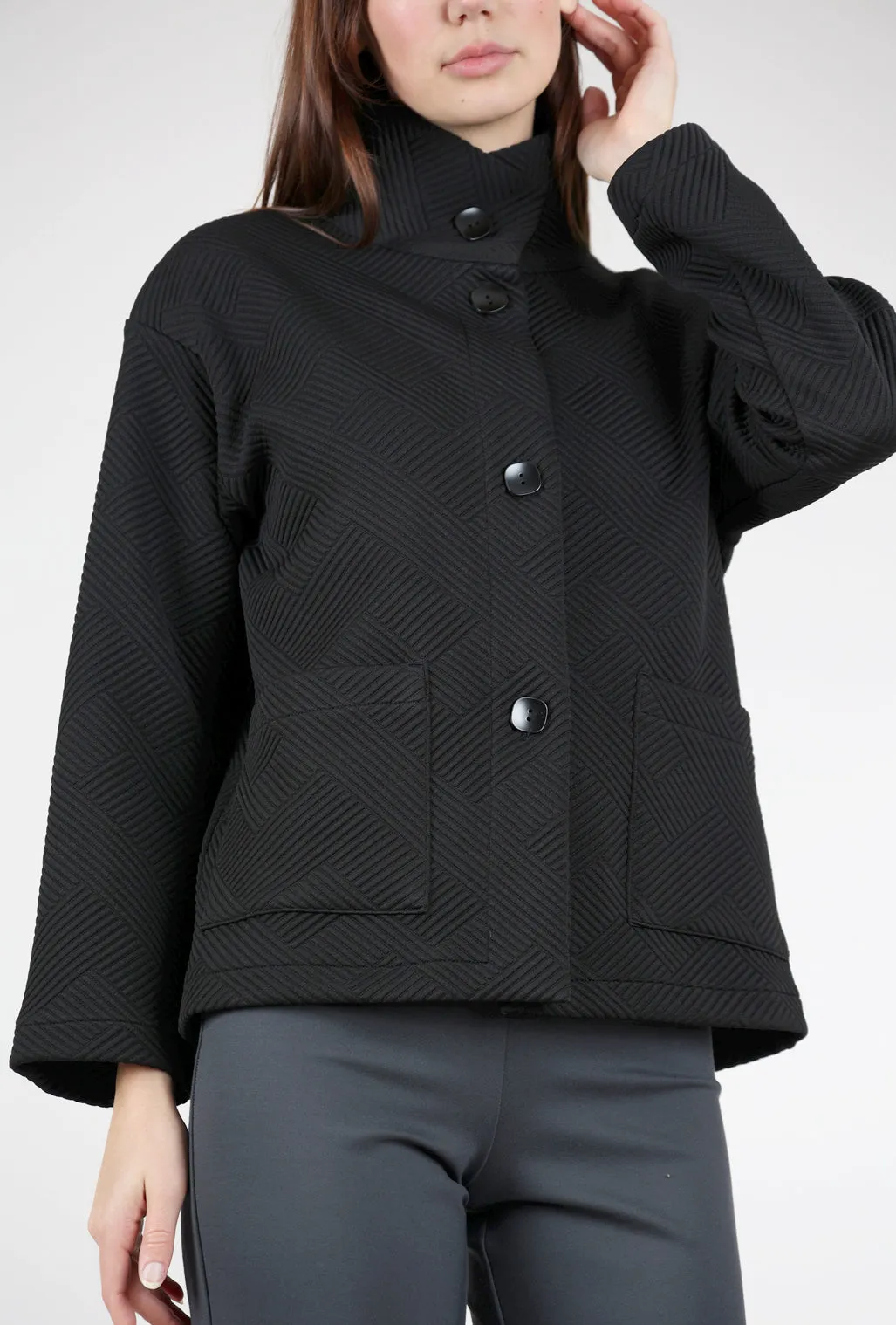 High-Collar Quilted Jacket, Black