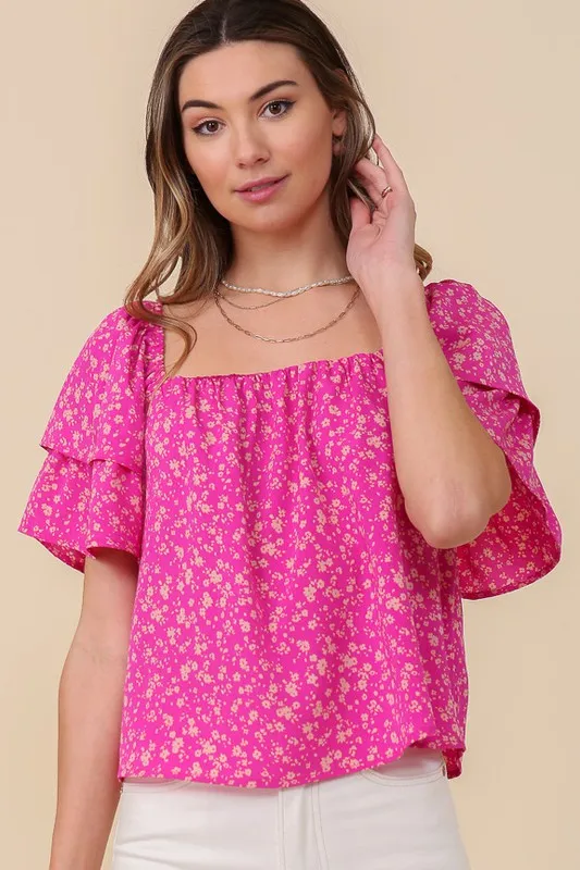 LUMIERE Fuchsia Smocked Square Neck Floral Top with Tie back