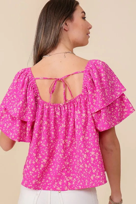 LUMIERE Fuchsia Smocked Square Neck Floral Top with Tie back