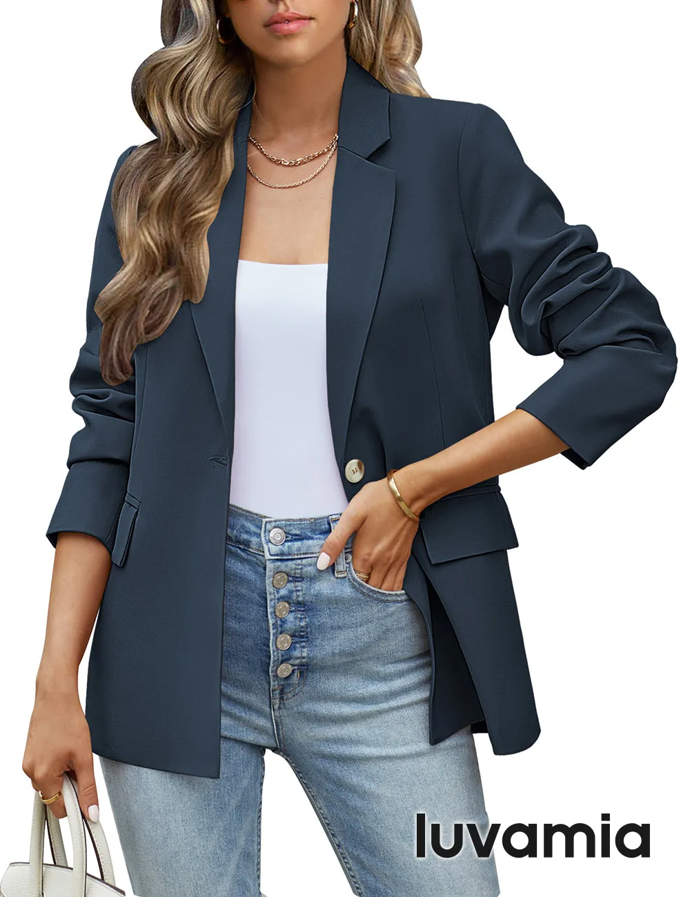 luvamia Blazers for Women Business Casual Long Sleeves Work Professional Suits Dressy Jackets with Pocket Office Outfits