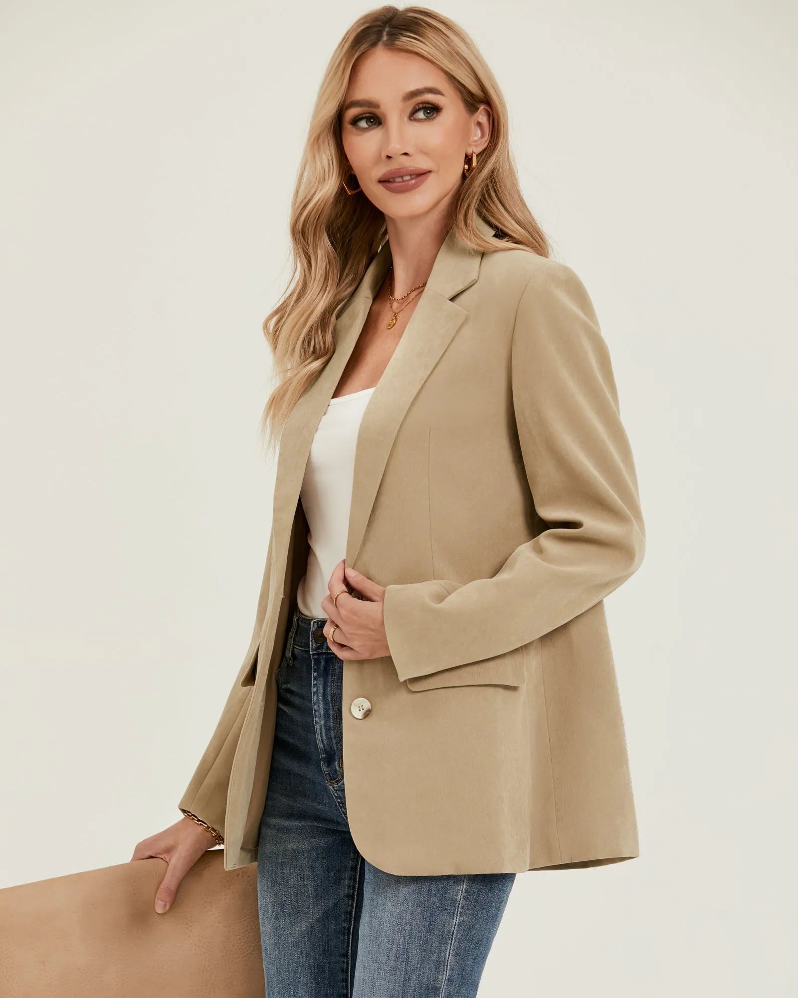 luvamia Blazers for Women Business Casual Twill Long Blazers Suit Jackets Dressy Office Work Professional Coat Loose Fit