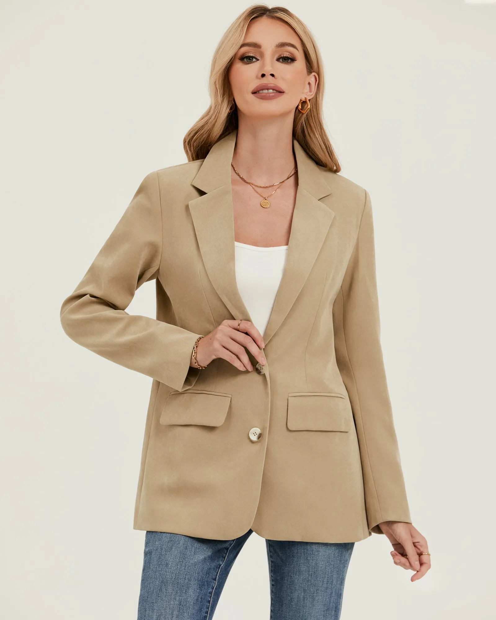 luvamia Blazers for Women Business Casual Twill Long Blazers Suit Jackets Dressy Office Work Professional Coat Loose Fit