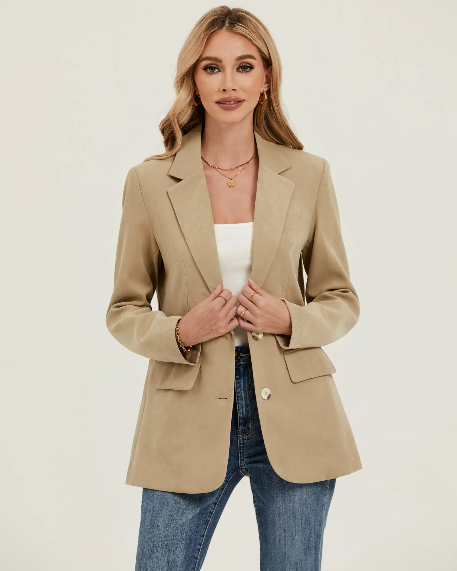 luvamia Blazers for Women Business Casual Twill Long Blazers Suit Jackets Dressy Office Work Professional Coat Loose Fit