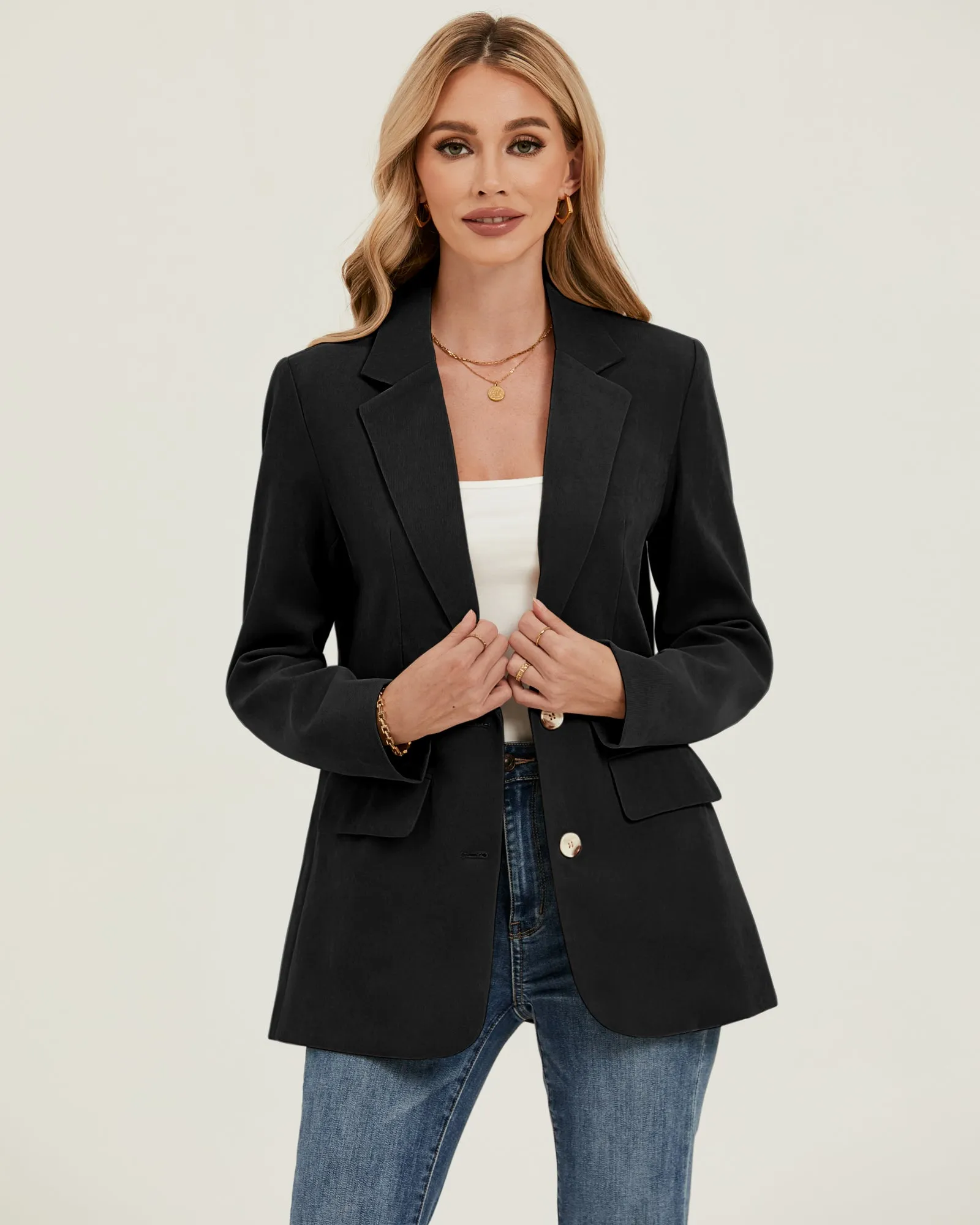 luvamia Blazers for Women Business Casual Twill Long Blazers Suit Jackets Dressy Office Work Professional Coat Loose Fit